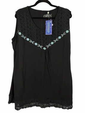 Panhandle Black Embroidered Western Boho Sleeveless Tunic Top XXL NWT